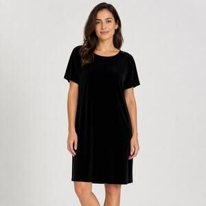 Eileen Fisher Stretch Velvet Shift Dress Size Small Black Short Sleeve Classic